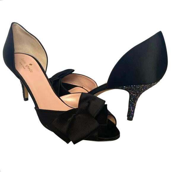 KATE SPADE NY Sala Glitter Heel D'Orsay Pumps SZ 9.5 Black Satin Peep Toe Formal - Picture 1 of 10